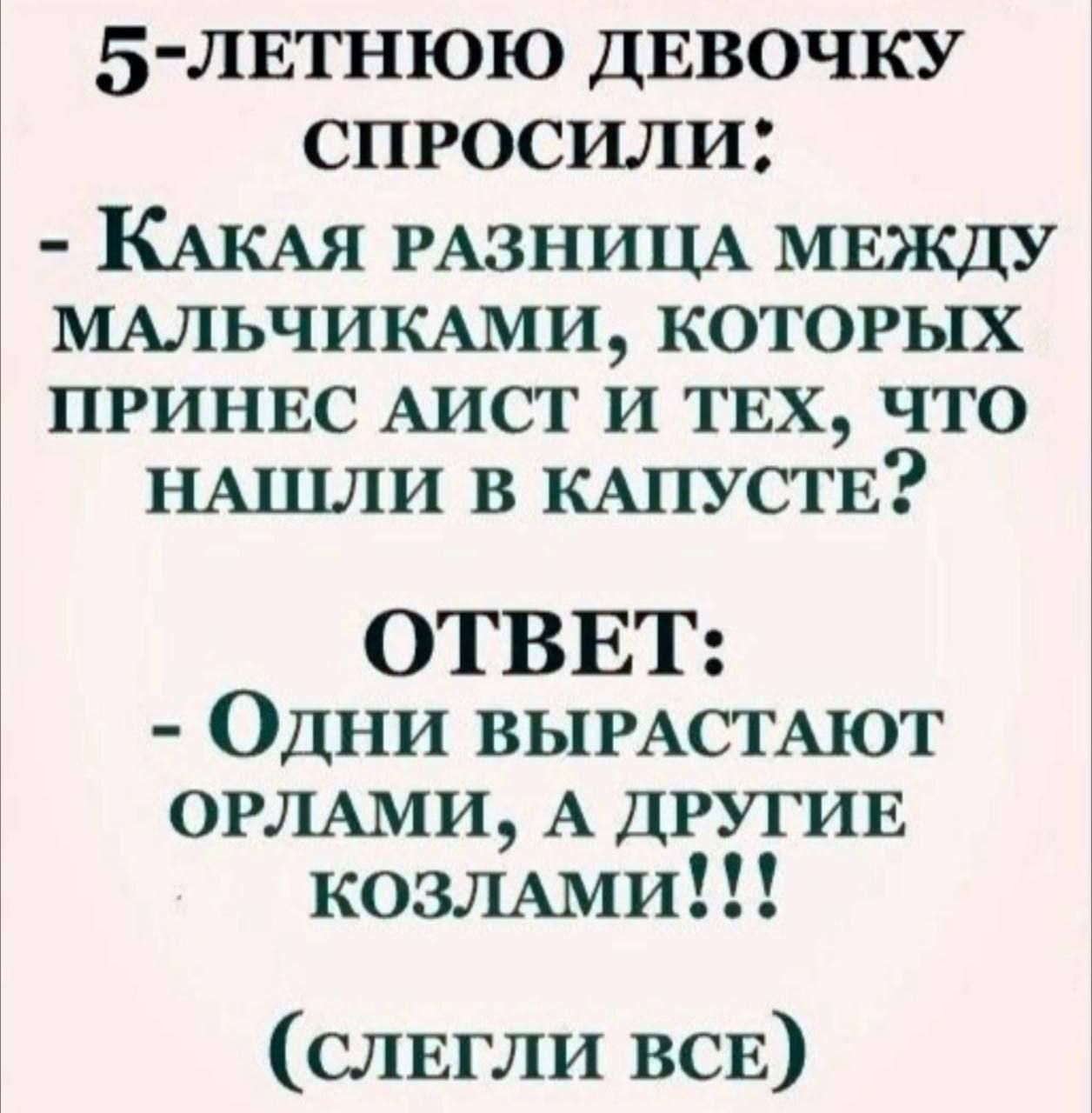 5-ЛЕТНЕЙ ДЕВОЧКУ СПРОСИЛИ:
- Какая разница между мальчиками, которых принес аист и тех, что нашли в капусте?
ОТВЕТ:
- Одни вырастают орлами, а другие козлами!!!
(СЛЕГЛИ ВСЕ)