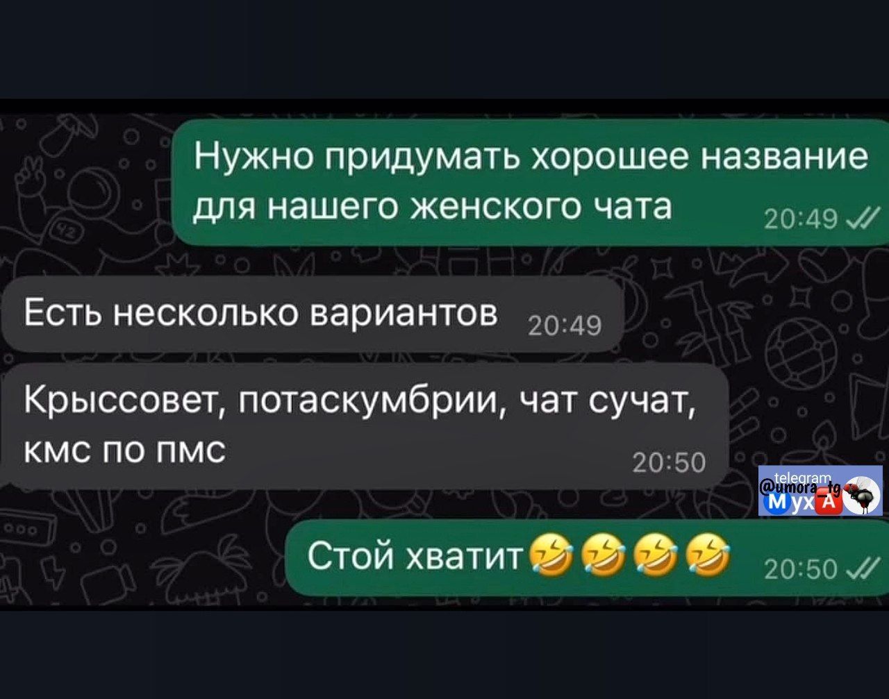Нужно придумать хорошее название для нашего женского чата
Есть несколько вариантов
Крыссовет, потаскумбры, чат сучат, кмм по пмс
Стой хватит