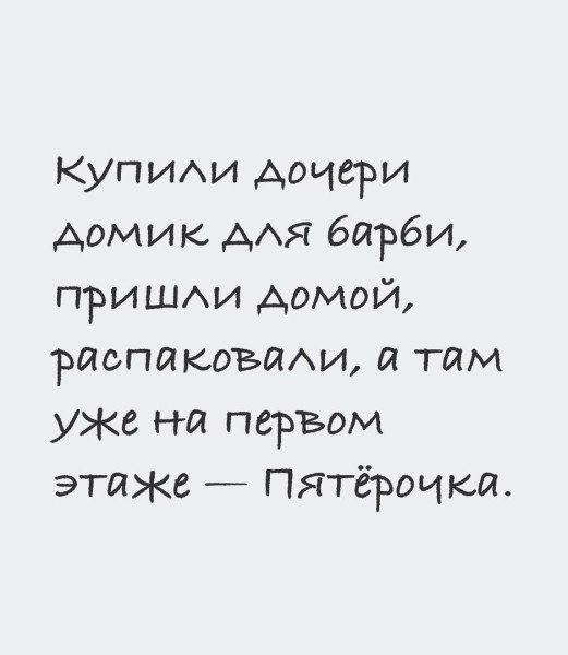 Купили дочери домик для барби, пришли домой, распаковали, а там уже на первом этаже — Пятёрочка.