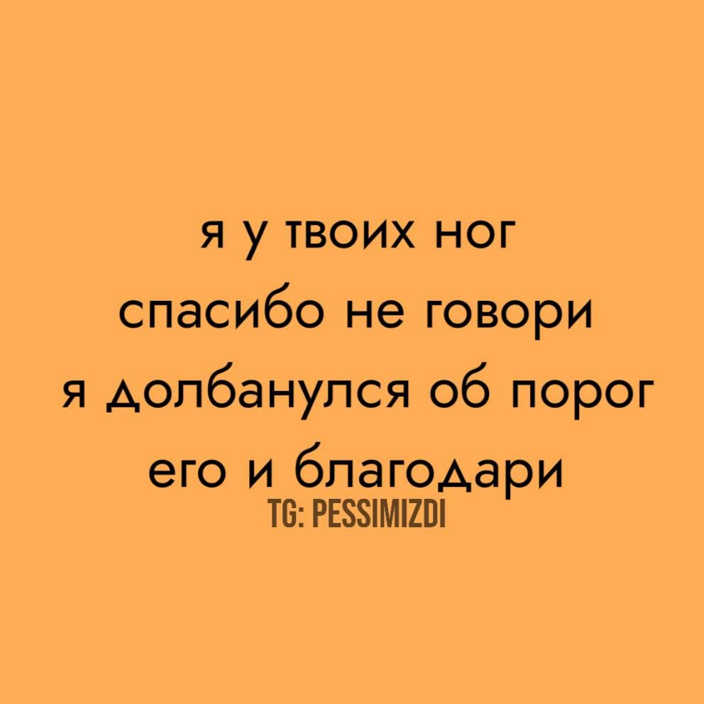 я у твоих ног
спасибо не говори
я долбанулся об порог
его и благодарю
TG: PESSIMIZDI
