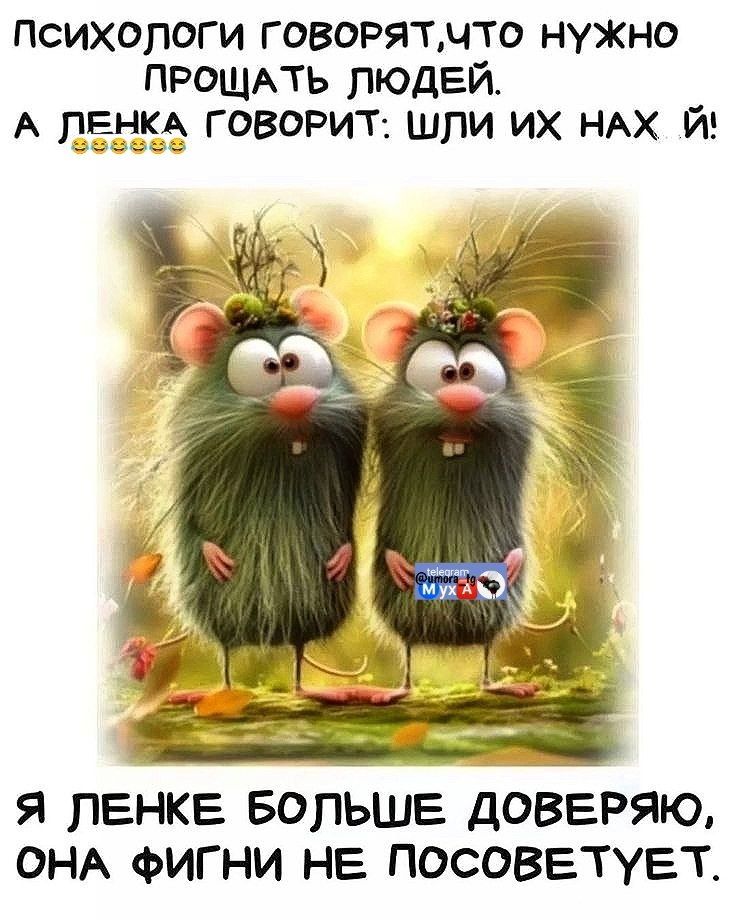 Психологи говорят, что нужно прощать людей. А Ленка говорит: шли их нах й! Я Ленке больше доверяю, она фигни не посоветует.