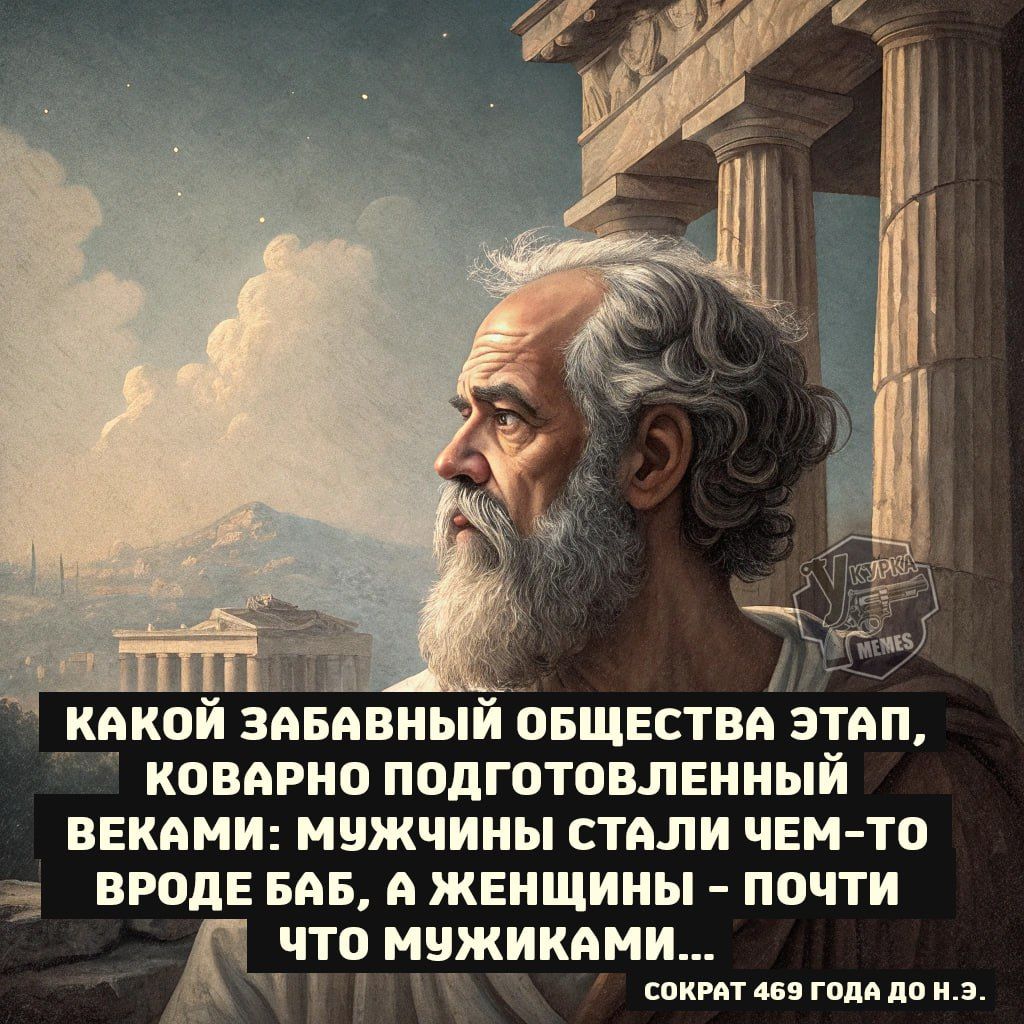 КАКОЙ ЗАБВАННЫЙ ОБЩЕСТВА ЭТАП, КОВАРНО ПОДГОТОВЛЕННЫЙ ВЕКАМИ: МУЖЧИНЫ СТАЛИ ЧЕМ-ТО ВРОДЕ БАБ, А ЖЕНЩИНЫ — ПОЧТИ ЧТО МУЖИКАМИ... СОКРАТ 469 ГОДА ДО Н.Э.