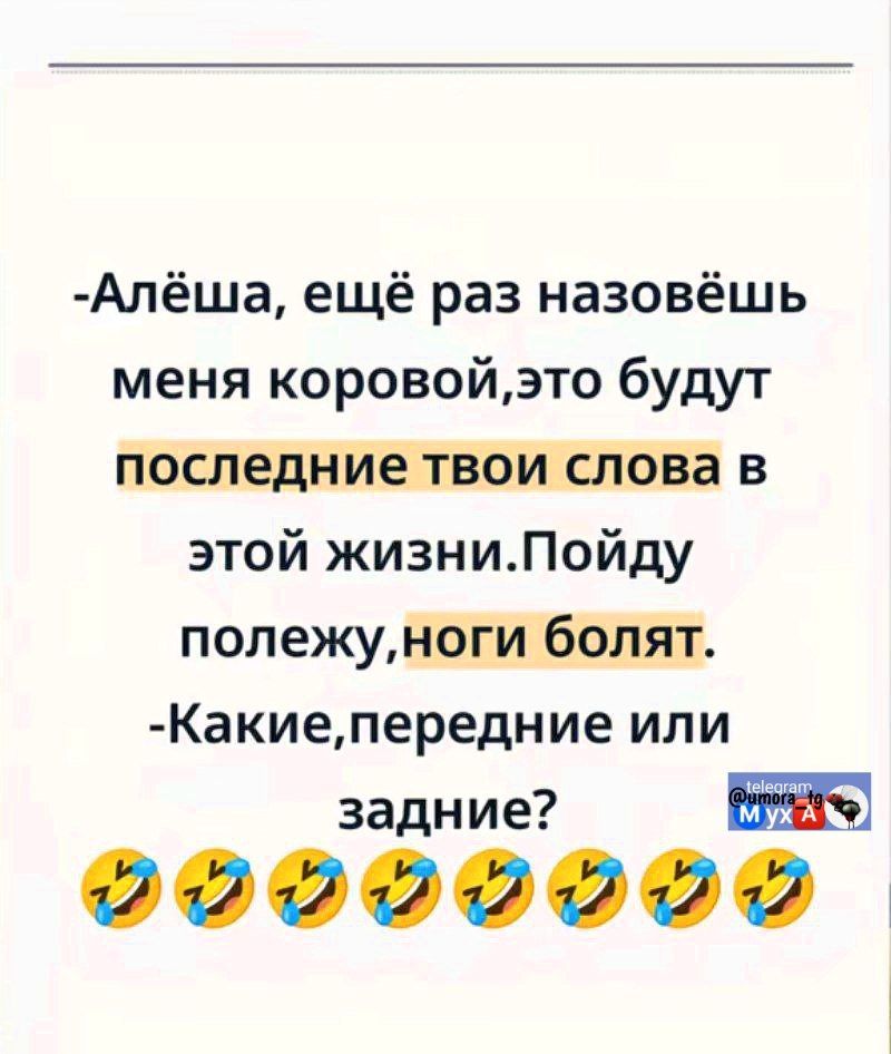 -Алёша, ещё раз назовёшь меня коровой,это будут последние твои слова в этой жизни.Пойду полежу,ноги болят.
-Какие,передние или задние?