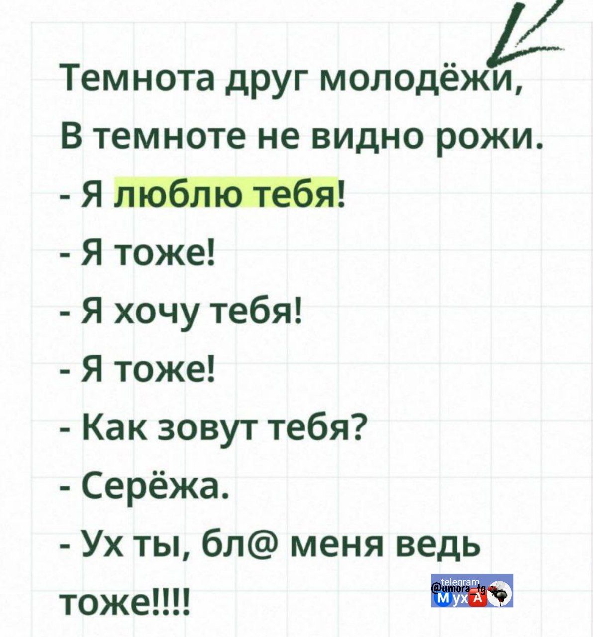 Темнота друг молодёжи,
В темноте не видна рожи.
- Я люблю тебя!
- Я тоже!
- Я хочу тебя!
- Я тоже!
- Как зовут тебя?
- Серёжа.
- Ух ты, бл@ меня ведь тоже!!!!