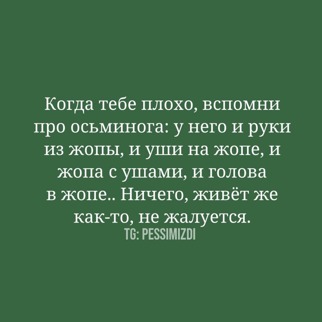Когда тебе плохо, вспомни про осьминога: у него и руки из жопы, и уши на жопе, и жопа с ушами, и голова в жопе.. Ничего, живёт же как-то, не жалуется.