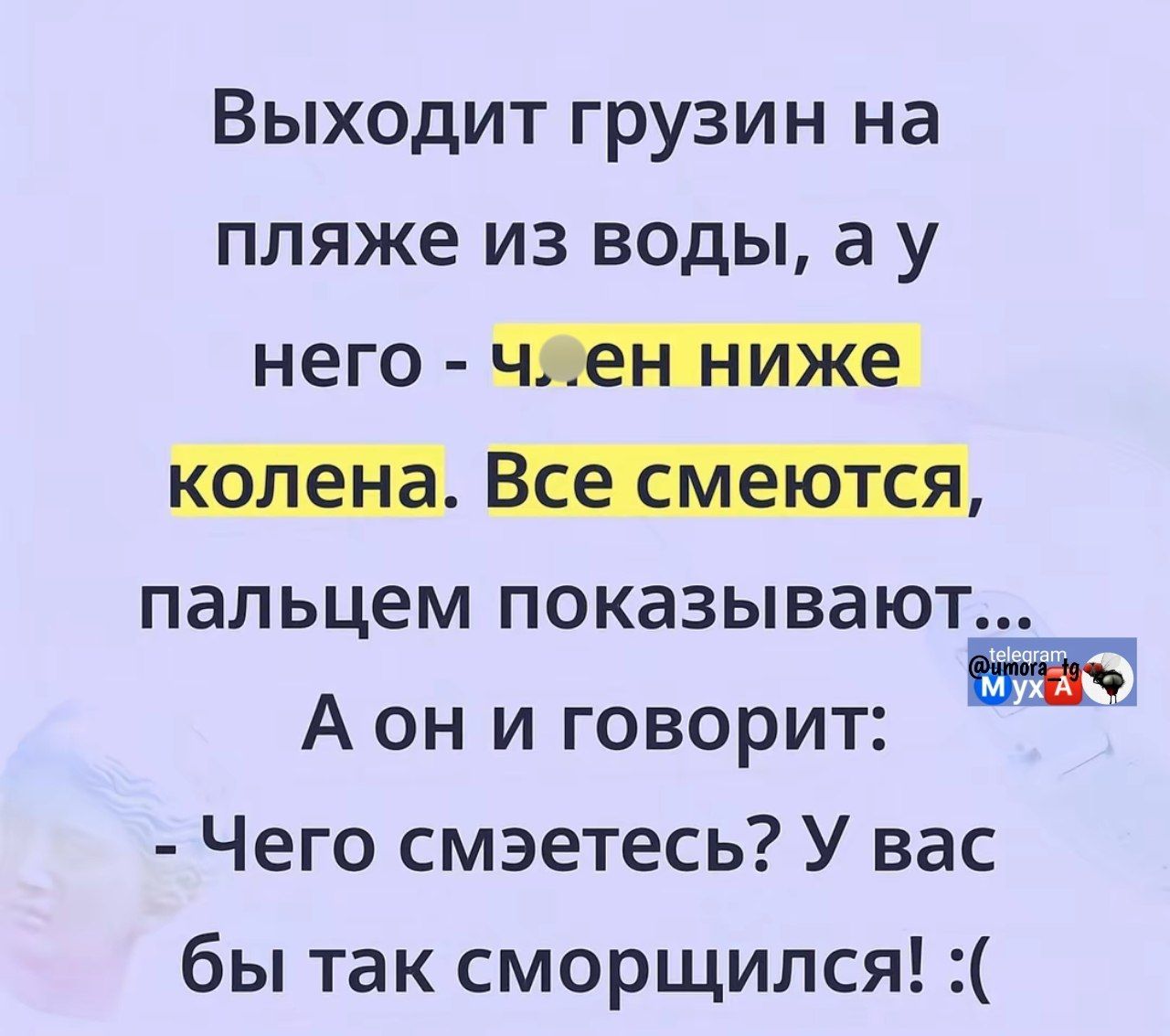 Выходит грузин на пляже из воды, а у него - член ниже колена. Все смеются, пальцем показывают... А он и говорит: - Чего смеётесь? У вас бы так сморщился! :(