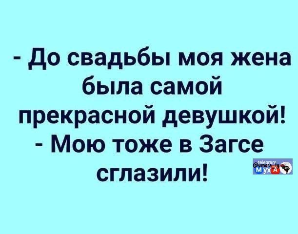 - До свадьбы моя жена была самой прекрасной девушкой! - Мою тоже в Загсе сглазили!