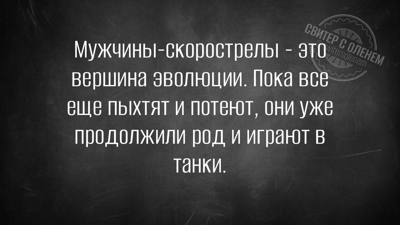 Мужчины-скорострельные - это вершина эволюции. Пока все еще пыхтят и потеют, они уже продолжили род и играют в танки.