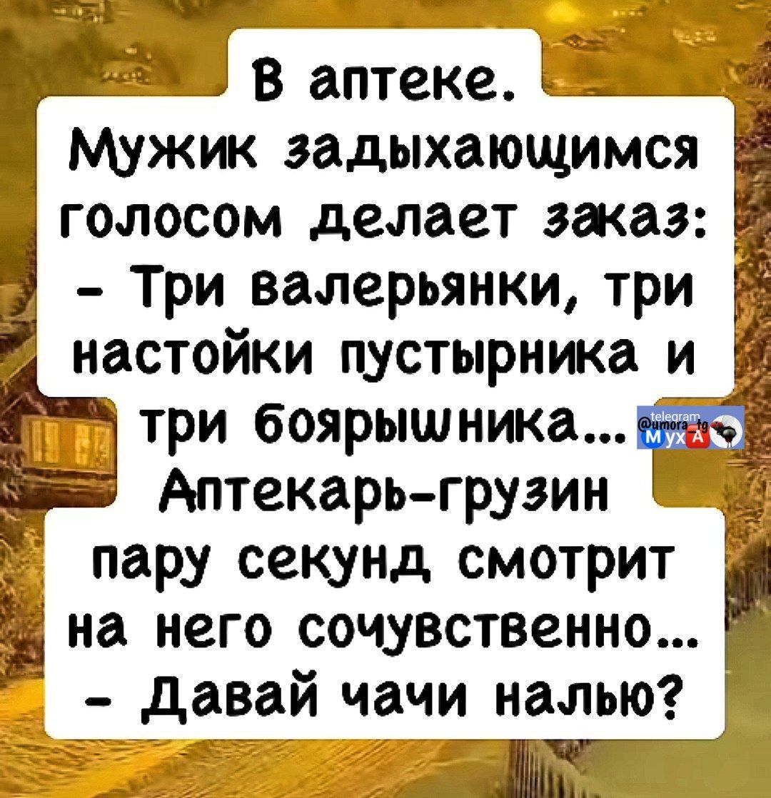 В аптеке. Мужик задыхающимся голосом делает заказ: - Три валерьяны, три настойки пустырника и три боярышника... Аптекарь-грузин пару секунд смотрит на него сочувственно... - Давай чачи налью?