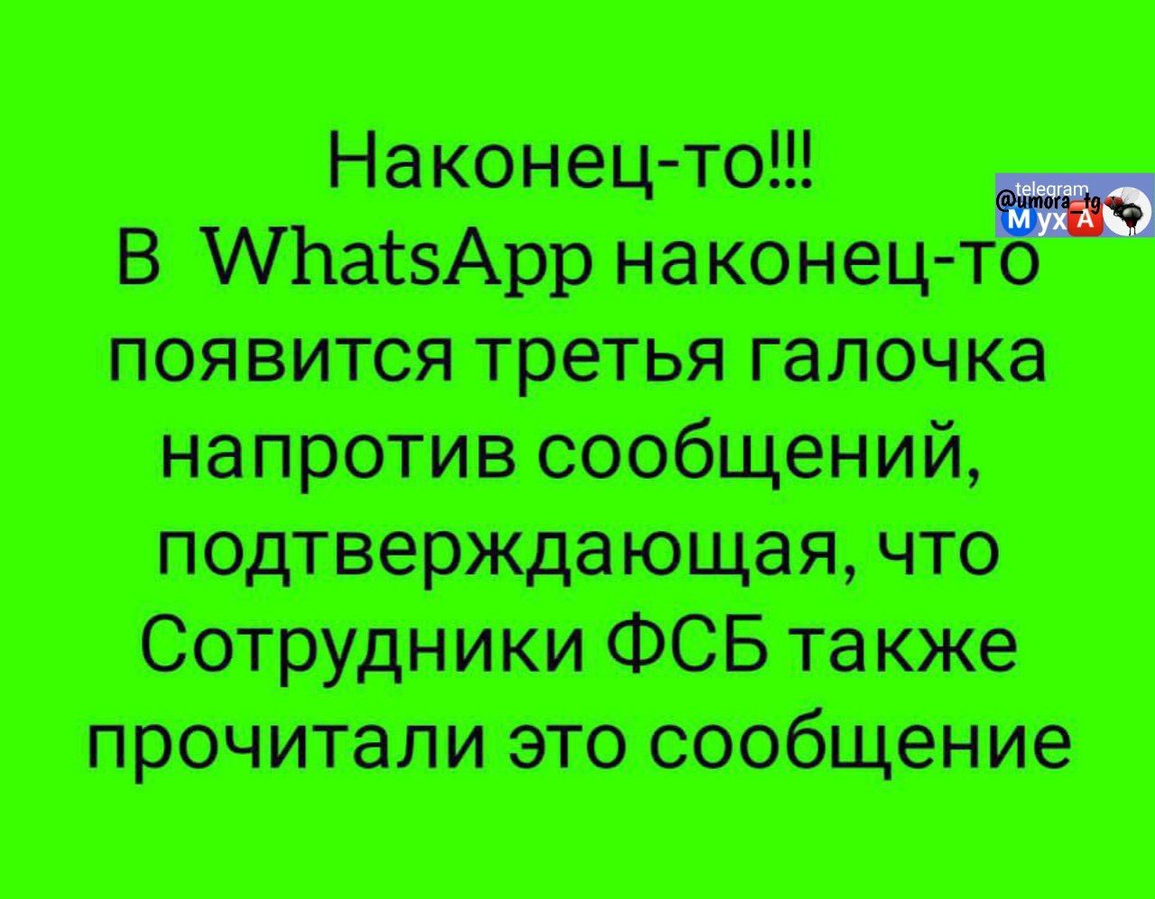 Наконец-то!!! В WhatsApp наконец-то появится третья галочка напротив сообщений, подтверждающая, что Сотрудники ФСБ тоже прочитали это сообщение