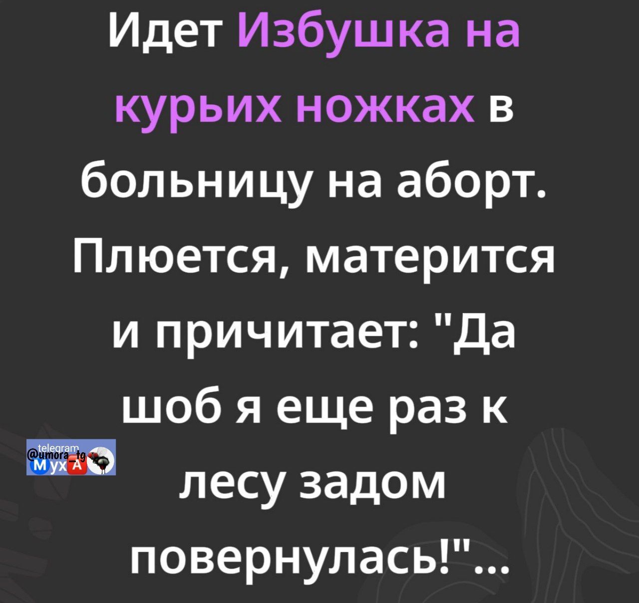 Идет Избушка на курьих ножках в больницу на аборт. Плюется, матерится и причитает: 