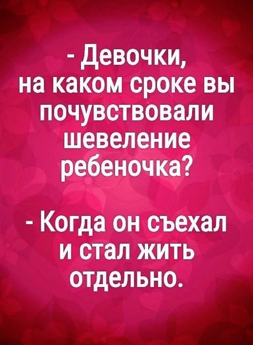 - Девочки, на каком сроке вы почувствовали шевеление ребеночка?
- Когда он съехал и стал жить отдельно.
