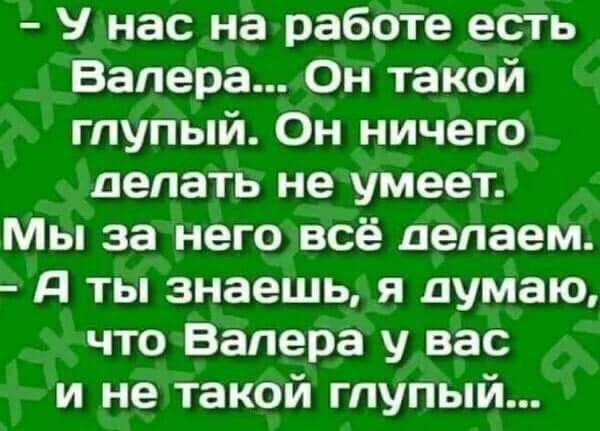 У нас на работе есть Валера... Он такой глупый. Он ничего делать не умеет. Мы за него всё делаем. А ты знаешь, я думаю, что Валера у вас и не такой глупый...