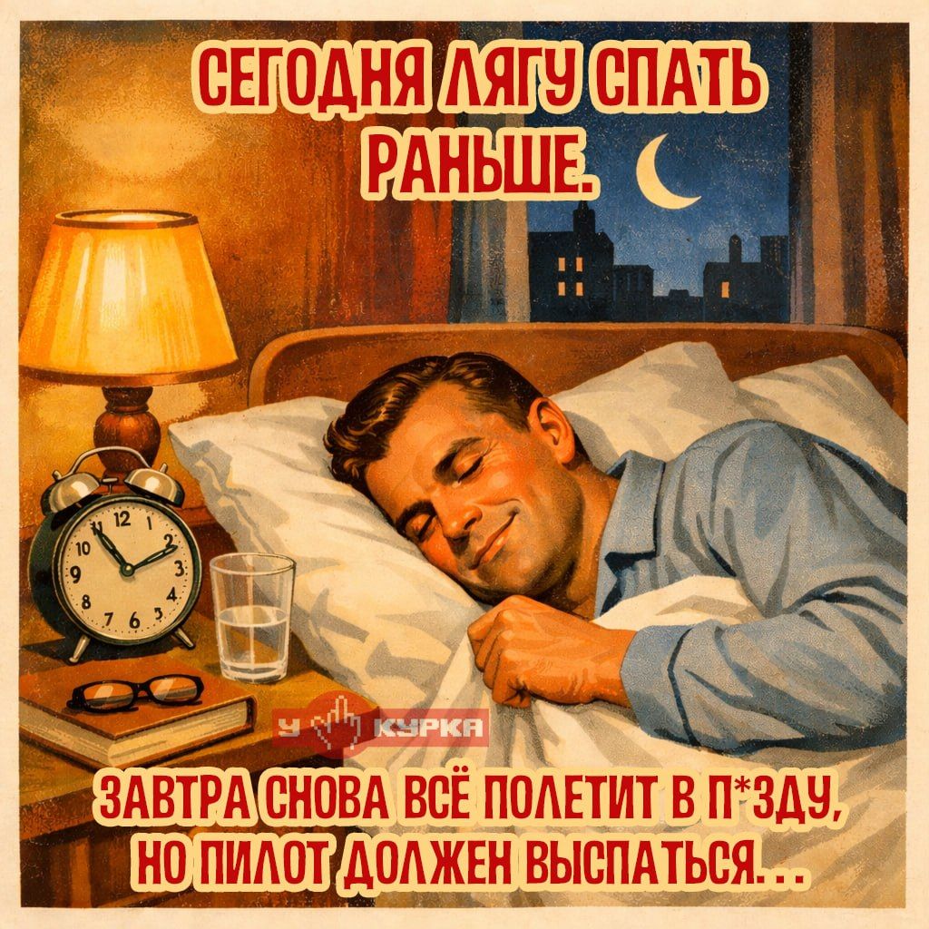 СЕГОДНЯ ЛЯГУ СПАТЬ РАНЬШЕ. ЗАВТРА СНОВА ВСЁ ПОЛЕТИТ В П***, НО ПИЛОТ ДОЛЖЕН ВЫСПАТЬСЯ...