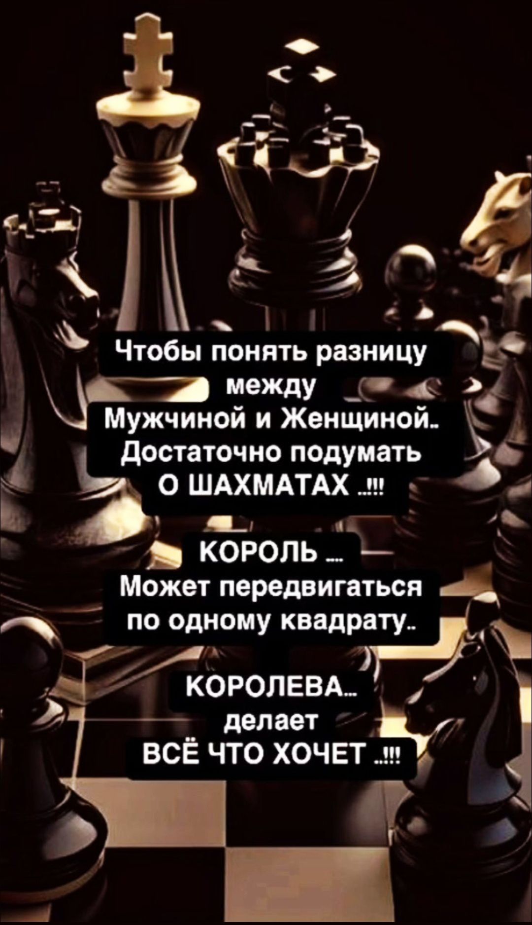 Чтобы понять разницу между Мужчиной и Женщиной. Достаточно подумать О ШАХМАТАХ !!! КОРОЛЬ ... Может передвигаться по одному квадрату.. КОРОЛЕВА... делает ВСЁ ЧТО ХОЧЕТ !!!