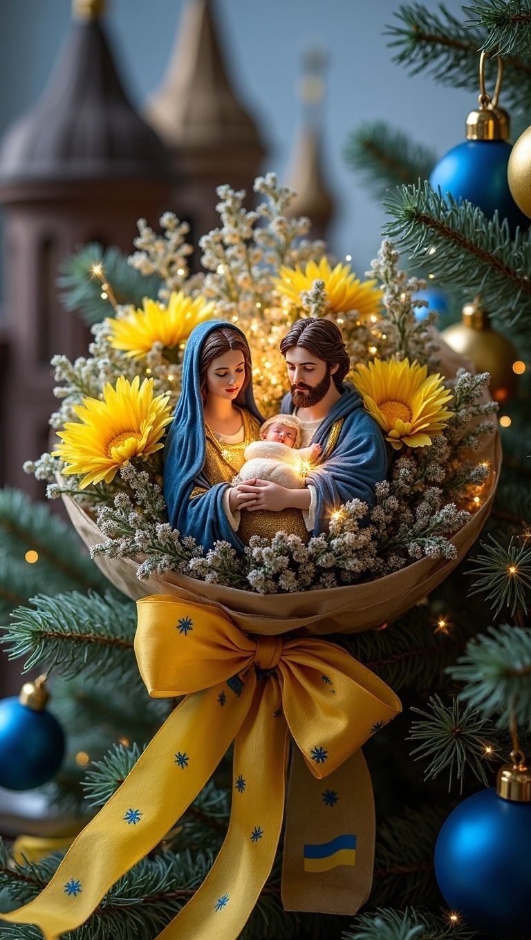 Рождественская сцена: Мариа, Иосиф и младенец Иисус в цветочном венке на фоне елочных украшений