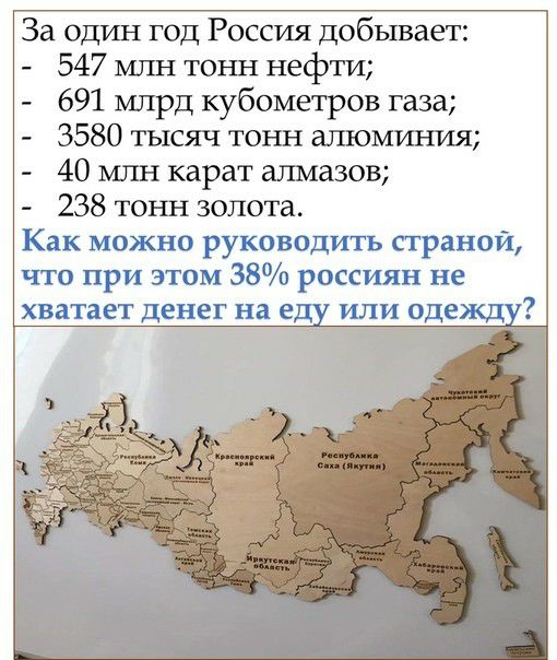 За один год Россия добывает 547 тонн нефти 691 млрд кубометров газа 3580 тысяч тош1 алюминия 40 карат алмазов 238 тонн золота Как можно руководить страной что при этом 38 россиян не