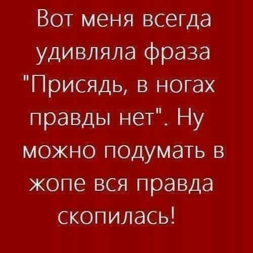 Вот меня всегда удивляла фраза Присядь в ногах правды нет Ну можно подумать в жопе вся правда скопилась