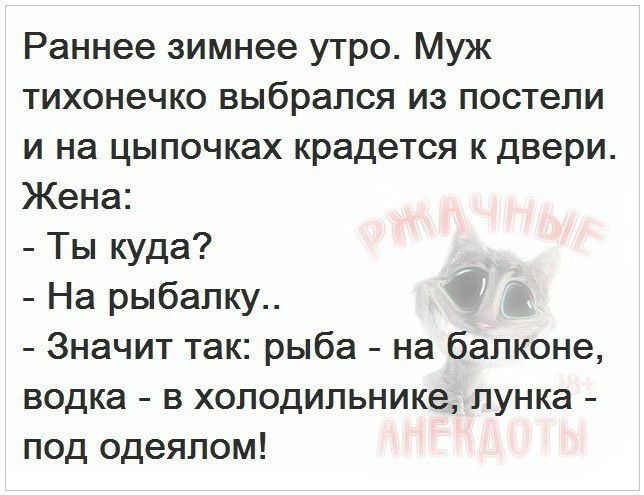 Раннее зимнее утро Муж тихонечко выбрался из постели и на цыпочках крадется к двери Жена Ты куда На рыбалку Значит так рыба на балконе водка в холодильнике лунка под одеялом