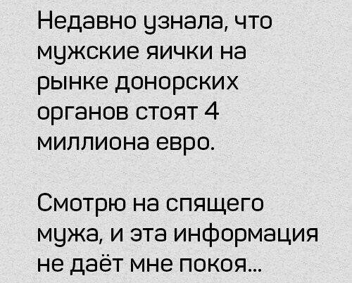 Недавно узнала что мчжские яички на рынке донорских органов стоят 4 миллиона евро Смотрю на спящего мчжа и эта информация не даёт мне покоя