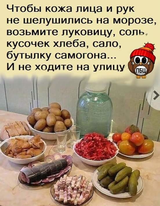 Чтобы кожа лица и рук не шелушились на морозе возьмите луковицу соль кусочек хлеба сало бутылку самогона И не ходите на улицу