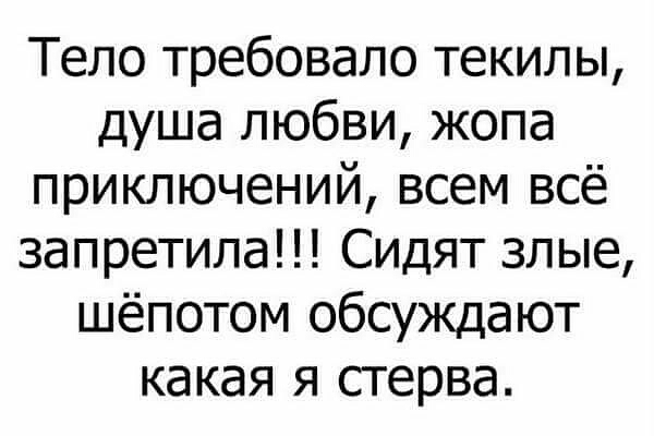 Тело требовало текилы душа любви жопа приключений всем всё запретила Сидят злые шёпотом обсуждают какая я стерва