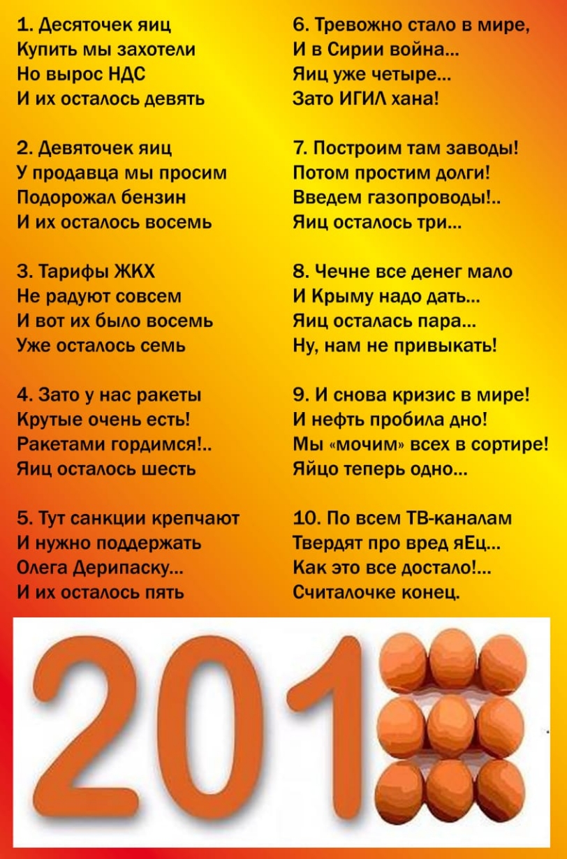 1 Аесяточек яиц Купить мы захотеди Но вырос НДС И их остадось девять 2 девяточек яиц У продавца мы просим ПодорожаА бензин И их остаось восемь 3 Тарифы ЖКХ Не радуют совсем И вот их быдо восемь Уже остаАось семь 4 Зато у нас ракеты Крутые очень есть Ракетами гордимся Яиц осталось шесть 5 Тут санкции крепчают И нужно поддержать Одега Аерипаску И их осталось пять 6 Тревожно стадо в мире И в Сирии во
