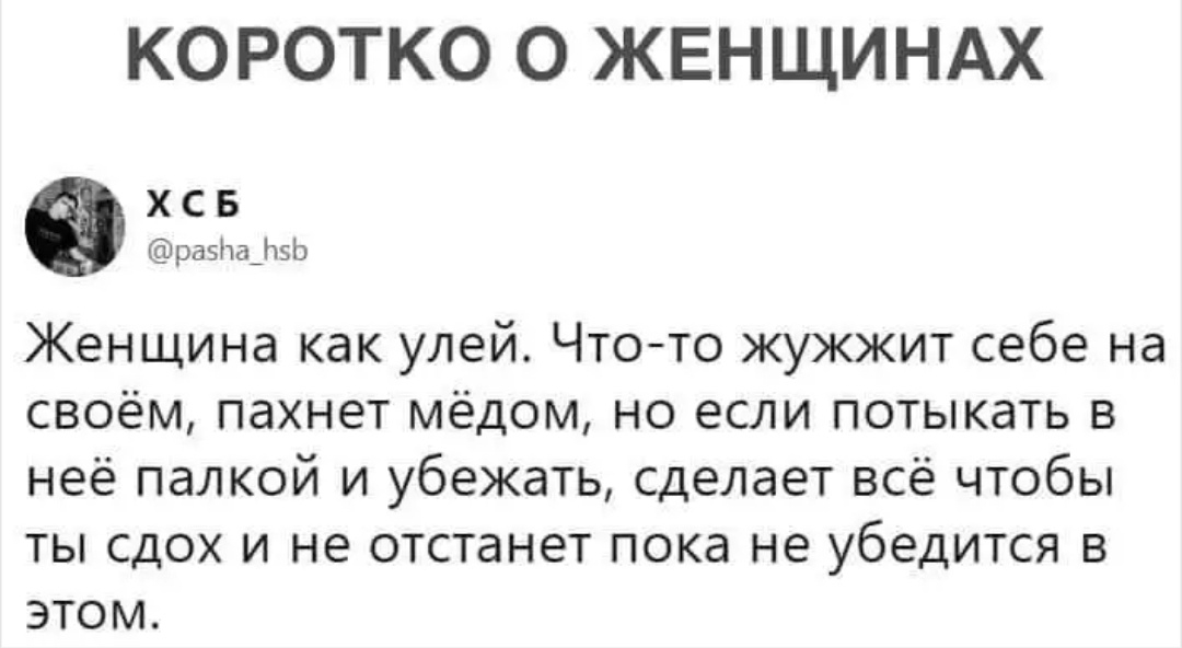 КОРОТКО О ЖЕНЩИНАХ Х С Б разНа_т5Ь Женщина как улей Чтото жужжит себе на своём пахнет мёдом но если потыкать в неё палкой и убежать сделает всё чтобы ты сдох и не отстанет пока не убедится в этом