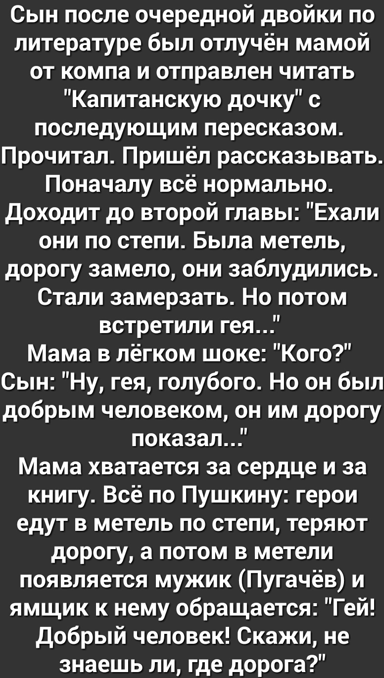 Сын после очередной двойки по литературе был отлучён мамой от компа и отправлен читать Капитанскую дочку с последующим пересказом Прочитал Пришёл рассказывать Поначалу всё нормально Доходит до второй главы Ехали они по степи Была метель дорогу замело они заблудились Стали замерзать Но потом встретили гея Мама в лёгком шоке Кого Сын Ну гея голубого Но он был добрым человеком он им дорогу показал Ма