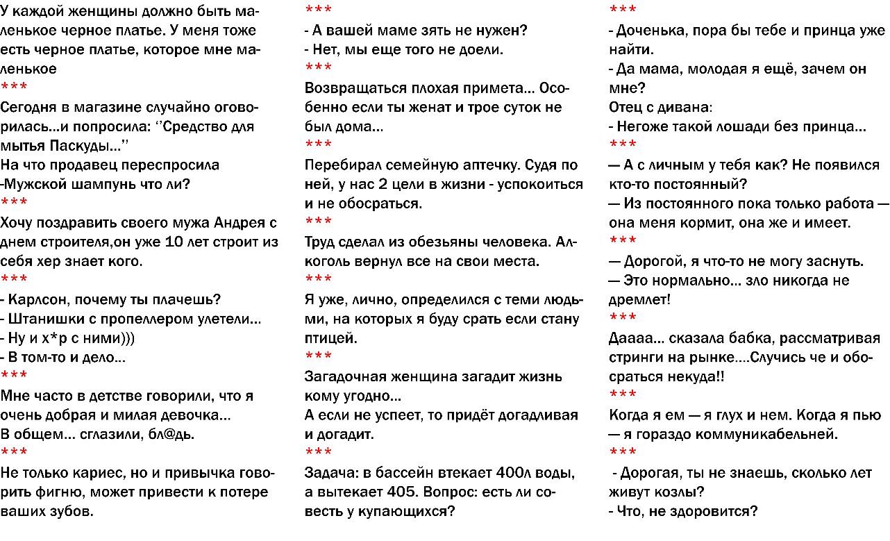 У каждой женщины должно быть ма ленькое черное платье У меня тоже есть черное платье которое мне ма ленькое Сегодня в магазине случайно огово риласьи попросила Средство для мытья Паскуды На что продавец переспросила Мужской шампунь что ли Хочу поздравить своего мужа Андрея с днем строителядн уже 10 лет строит из себя хер знает кого Карлсон почему ты плачешь Штанишки с пропеллером улетели Ну и хр с