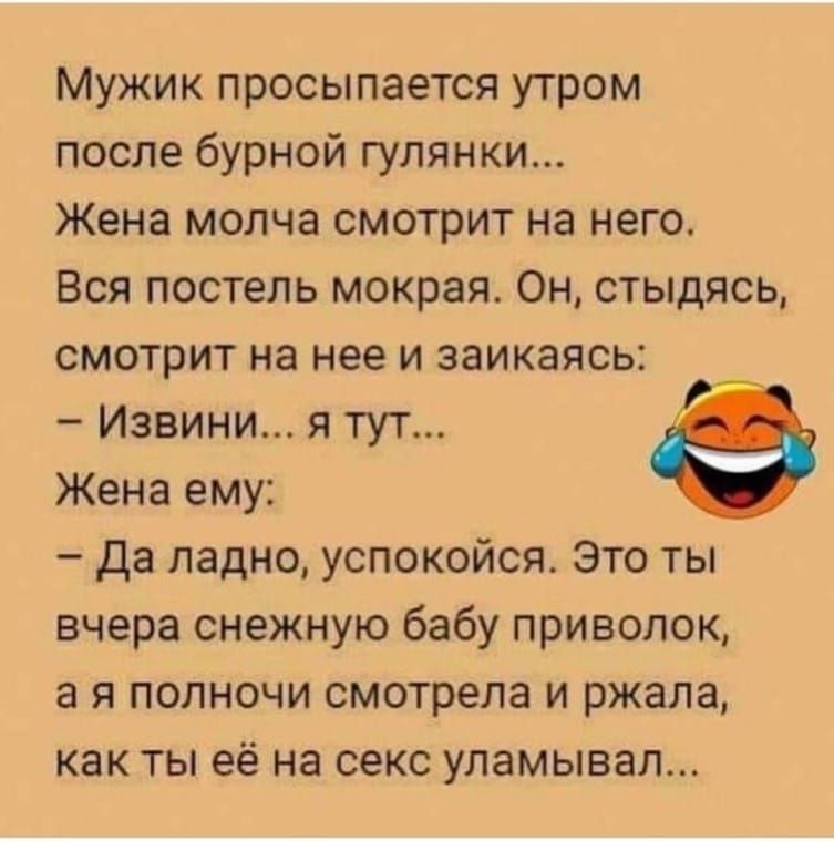 Мужик просыпается утром после бурной гулянки Жена молча смотрит на него Вся постель мокрая Он стыдясь смотрит на нее и заикаясь Извини я тут Жена ему да ладно успокойся Это ты вчера снежную бабу приволок а я полночи смотрела и ржала как ты её на секс уламывал