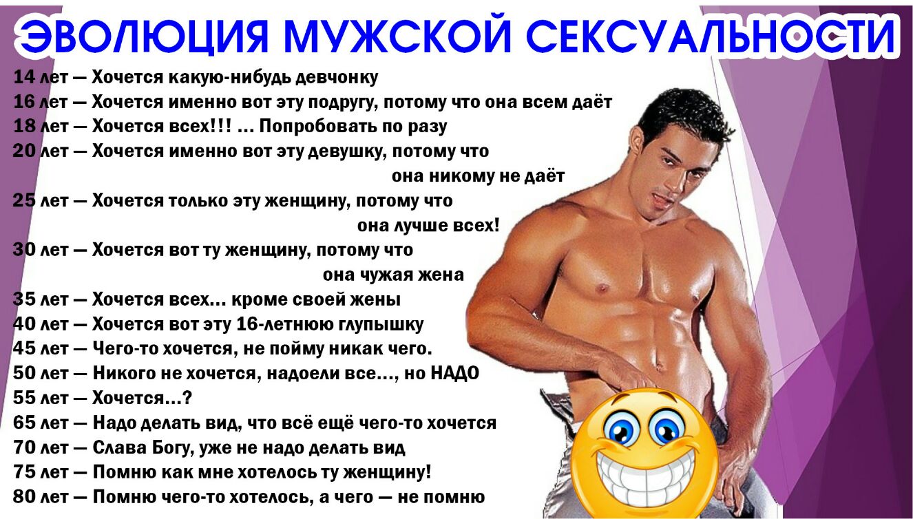 ВОЛЮЦИЯ МУЖСКОЙ СЕКСУАЛЬНОЗТИ т Хочется какую нибудь девчонку ет Хочется именно вот эту подругу потому что она всем даёт 18 ет Хочется всех Попробовать по разу ет Хочется именно вот эту девушку потому что она никому не даёт лет Хочется только эту женщину пот0му что і она лучше всех лет Хочется ВОТ ТУ женщину ПОТОМУ ЧТО она чужая жена 5 лет Хочется всех кроме своей жены 0 лет Хочется вот эту 16 лет