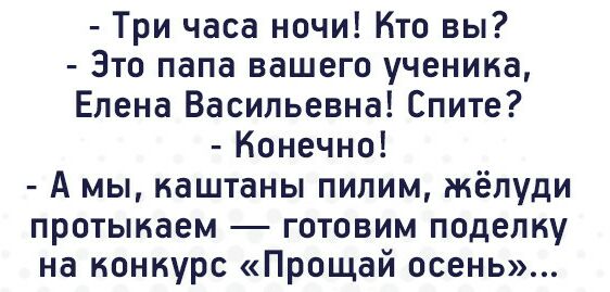 Три часа ночи Кто вы Зто папа вашего ученика Елена Васильевна Спите Конечно А мы каштаны пилим жёлуди протыкаем готовим поделку на конкурс Прощай осень