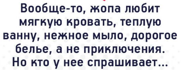 Вообще то жопа любит мягкую кровать теплую ванну нежное мыло дорогое белье а не приключения Но кто у нее спрашивает