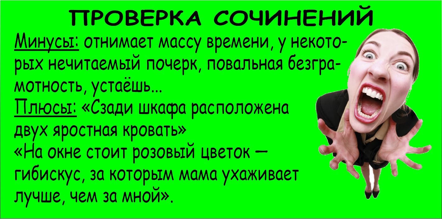 ПРОВЕРКА сочинений Минусы отнимает массу времени у некото рых нечитаемый почерк повальная безгра мотность устаешь Плюсы Сзади шкафа расположена двух яростная кровать На окне стоит розовый цветок гибискус за которым мама ухаживает лучше чем за мной