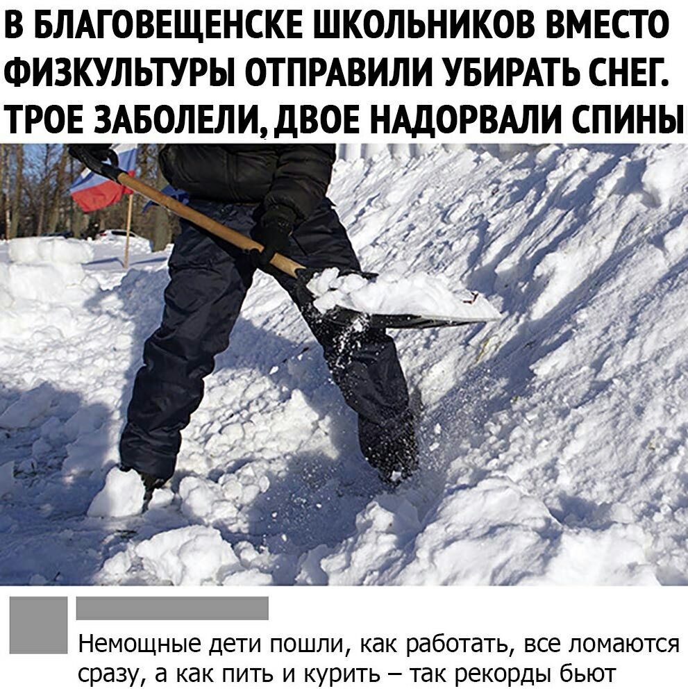 В БЛАГОВЕЩЕНСКЕ ШКОЛЬНИКОВ ВМЕСТО ФИЗКУЛЬТУРЫ ОТПРАВИЛИ УБИРАТЬ СНЕГ ТРОЕ 3АБОЛЕЛИ ДВОЕ НАДОРВАЛИ СПИНЫ Немощные дети пошли как работать все ломаются сразу а как пить и курить так рекорды бьют