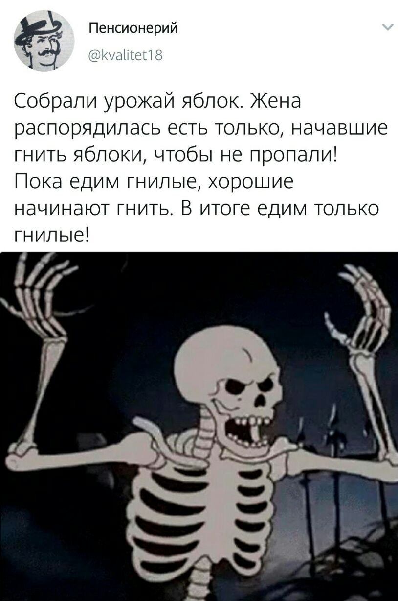 Пенсионерий ё щанігПд Собрали урожай яблок Жена распорядилась есть только начавшие гнить яблоки чтобы не пропали Пока едим гнилые хорошие начинают гнить В итоге едим только гнилые