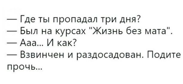 Где ты пропадал три дня Был на курсах Жизнь без мата Ааа И как Взвинчен и раздосадован Подите прочь