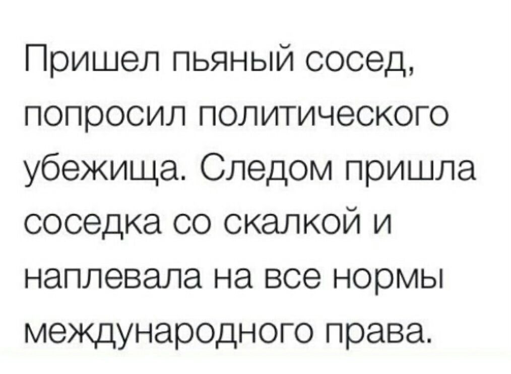 Пришел пьяный сосед попросил политического убежища Следом пришла соседка со скалкой и наплевала на все нормы международного права