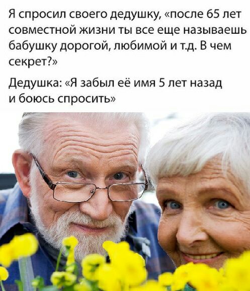 Я спросил своего дедушку после 65 лет СОВМЕСТНОЙ ЖИЗНИ ТЫ все еще называешь бабушку дорогой любимой и тд В чем секрет Дедушка Я забыл её имя 5 лет назад и боюсь спросить