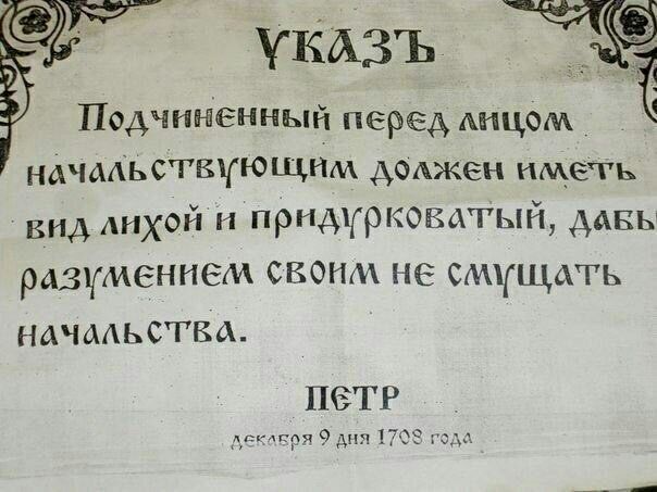 указъ Подчиненный перед мщом Ё НАЧААЬСТВЧЮЩНМ Аоджен иметь вид лихой н придурковатый дави разумением своим не смущать Начмьсгва петр дттря 9 я 17 3