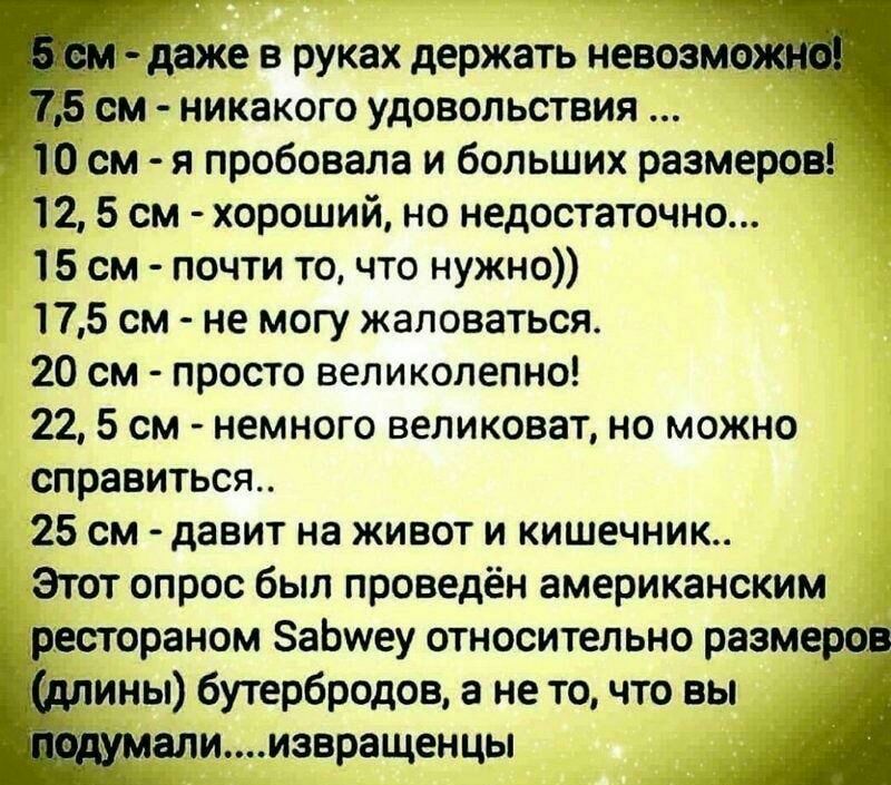 _ даже в руках держать невоамо см никакого удовольствия _ 10 см я пробовала и больших размеров 12 5 см хороший но недостаточно 15 см почти то что нужно 175 см не могу жаловаться 20 см просто великолепно 22 5 см немного великоват но можно справиться 25 см давит на живот и кишечник Этот опрос был проведён американским рестораном ЗаЬшеу относительно размеров __ ины бутербродов а не точто вы _ елиизвр