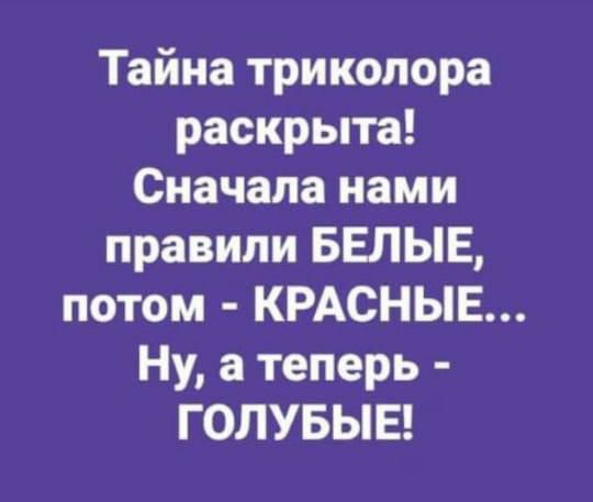 Тайна триколора раскрыта Сначала нами правили БЕЛЫЕ потом КРАСНЫЕ Ну а теперь ГОЛУБЫЕ