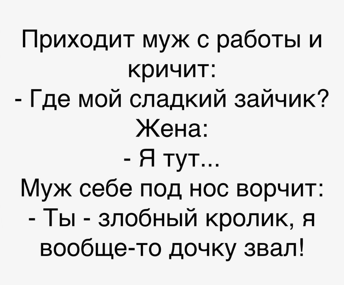 Приходит муж с работы и кричит Где мой сладкий зайчик Жена Я тут Муж себе ПОД нос ворчит Ты злобный кролик я вообще то дочку звал
