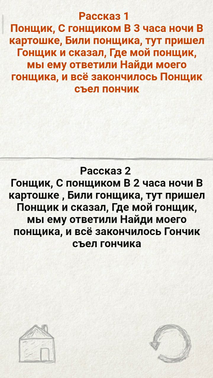 Рассказ 1 Понщик С гонщиком В 3 часа ночи В картошке Били понщика тут пришел Гонщик и сказал Где мой понщик мы ему ответили Найди моего гонщика и всё закончилось Понщик съел пончик Рассказ 2 Гонщик С понщиком В 2 часа ночи В картошке Били гонщика тут пришел Понщик и сказал Где мой гонщик мы ему ответили Найди моего понщика и всё закончилось Гончик съел гончика