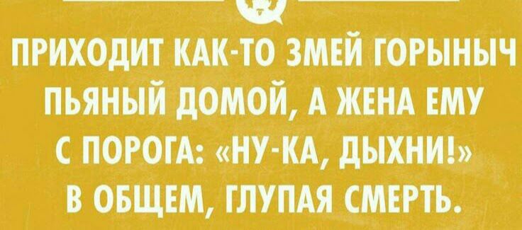 чи ПРИХОДИТ КАК ТО ЗМЕЙ Т ОРЫНЫЧ ПЬЯНЫЙ дОНЮЙ А ЖЕНА ЕМУ С ПОРОТА _ НУ КА дЫХНИ В ОБЩЕМ ТЛУПАЯ СМЕРТЬ