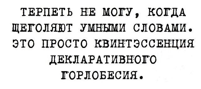 ТЕРПЕТЬ НЕ МОГУ КОГДА ЩЕГОЛЯЮТ УМНЫМИ СЛОВАМИ ЭТО ПРОСТО КВИНТЭССЕНЦИЯ ДЕКЛАРАТИВЕЮГО ГОРЛОБЕСИЯ