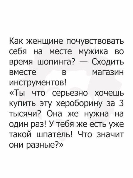 Как женщине почувствовать себя на месге мужика во время шопинга Сходить вместе в магазин инструментов Ты что серьезно хочешь купить эту хероборину за 3 тысячи Она же нужна на один раз У тебя же есть уже такой шпатель Что значит они разные