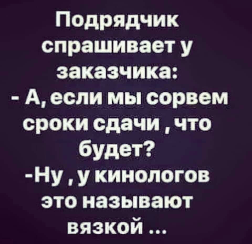 Подрядчик спрашивает у заказчика А если мы оорвем сроки сдачи что будет Ну у кинологов это называют вязкой