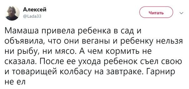 15 33 Мамаша привела ребенка в сад и объявила что они веганы и ребенку нельзя ни рыбу ни мясоа А чем кормить не сказала После ее ухода ребенок съел свою и товарищей колбасу на завтракеа Гарнир не ел